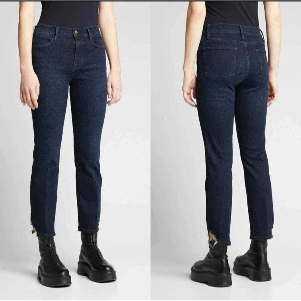 Frame Le High Straight Jeans Womens Porter Chew Dark Blue Distressed Hem 31